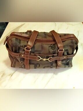 Etienne Aigner Signature Monogram Canvas Satchel Bag | Brown Trim | Gold